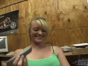 Girl fucks warehouse tool into her shaved pussy