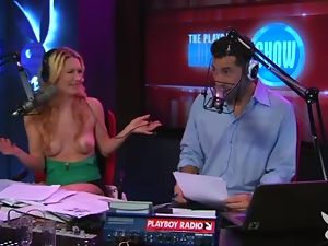 Topless blonde girl does radio interview