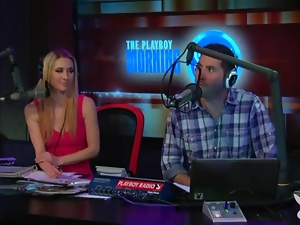 Blonde in tank top shows her tits on radio show