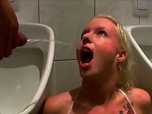 Cute blonde banged and pissed on