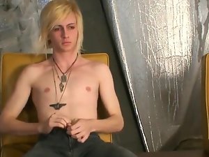 Filthy blond faggot is jerking off with eyes closed