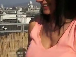 Amateur paid to get jizzed on her big tits in public