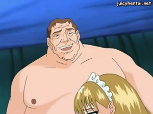 Anime blonde licking a fat cock and gets drilled