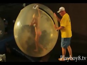 Sensual playmates with large melons have fun trying out waterballing