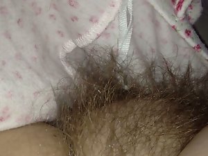 pinching her ripe nipple & peeping at her soft very hairy vagina