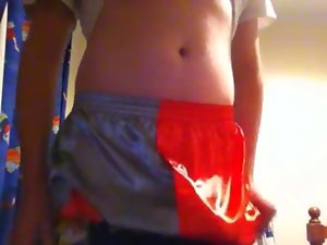 Sagging in shiny nylon boxers red silver