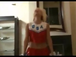 cheerleader gives it up and caresses and screws her shaven vagina