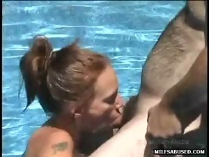 Filthy bitch gives cock sucking on big hard prick outdoors in pool