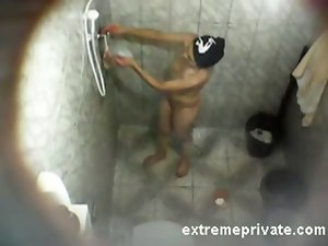 Spying Latina Slutty mom soaping in the shower