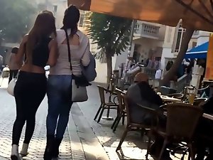 Tough jeans sensual butt with thong popping out walking