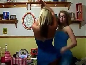 Two luscious blond webcam models dancing in luscious short skirts