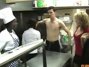 Kitchen staff want his solid cock so they wank him