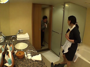 Japanese maid with juicy tits out masturbates pussy in bathroom