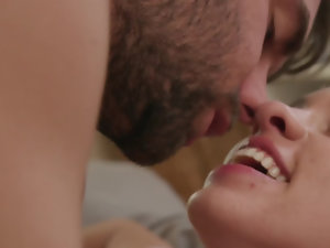 Bearded stepbrother fucks blonde in the bedroom and cums on face